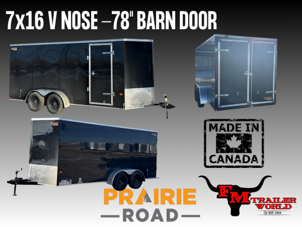 Black 2026 Prairie Road 7'x16' Cargo Trailer Tandem V Nose Black Barn Door