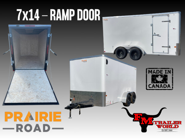 White 2026 Prairie Road 7'x14'Cargo Trailer Tandem White Ramp Door