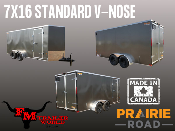 Charcoal 2026 Prairie Road 7'x16' Cargo Trailer Tandem V Nose Charcoal Barn Door