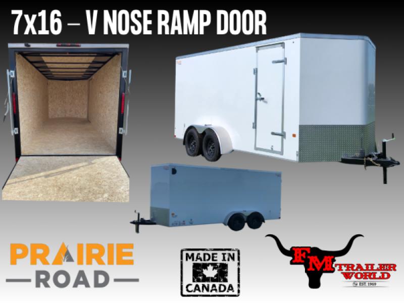 White 2026 Prairie Road 7'x16' Cargo Trailer Tandem V Nose White Ramp Door