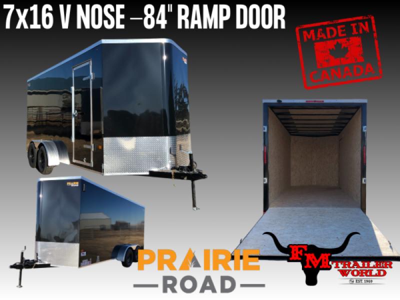 Black 2027 Rainbow Trailers 7'x16' Prairie Road Cargo Trailer Tandem V Nose 84" Ramp Door 2x3500 lb Axles at FM Trailer World